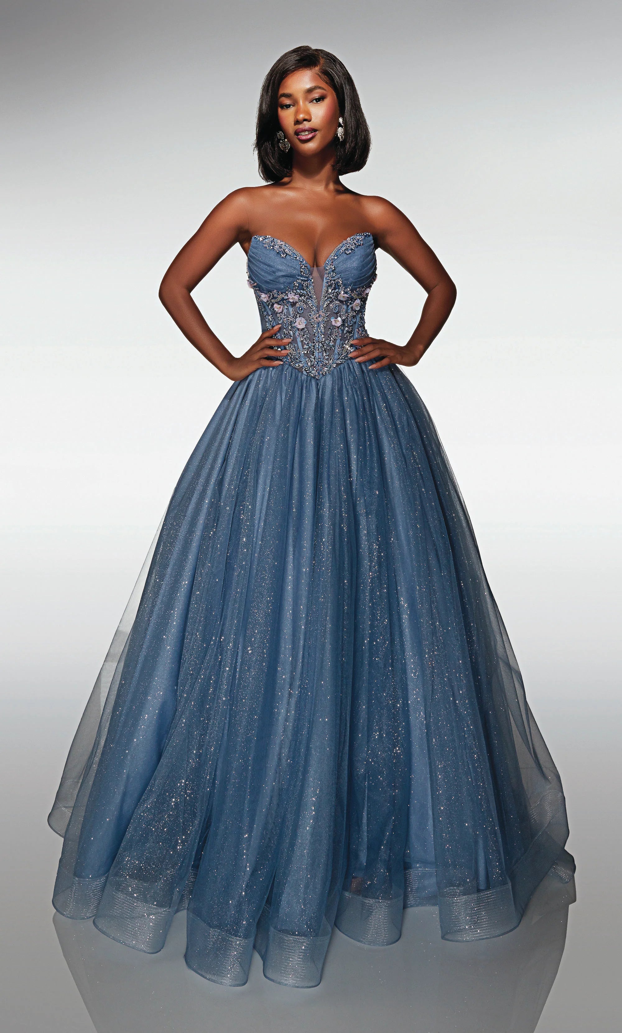 knee length dresses for ladies Ladivine CD786 Crystal Embellished A Line Tulle Dress, Silver / 10